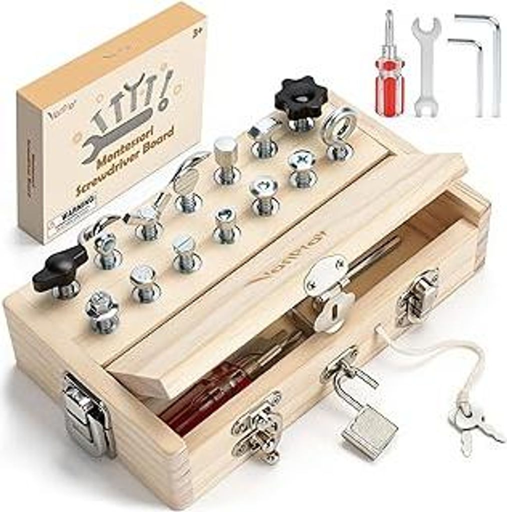 Vanplay Montessori Spielzeug ab 3 4 5 Jahre, Motorikspielzeug Holzspielzeug Schraubendreher Busy Board mit Schlüssel und Schloss, Kinderspielzeug ...