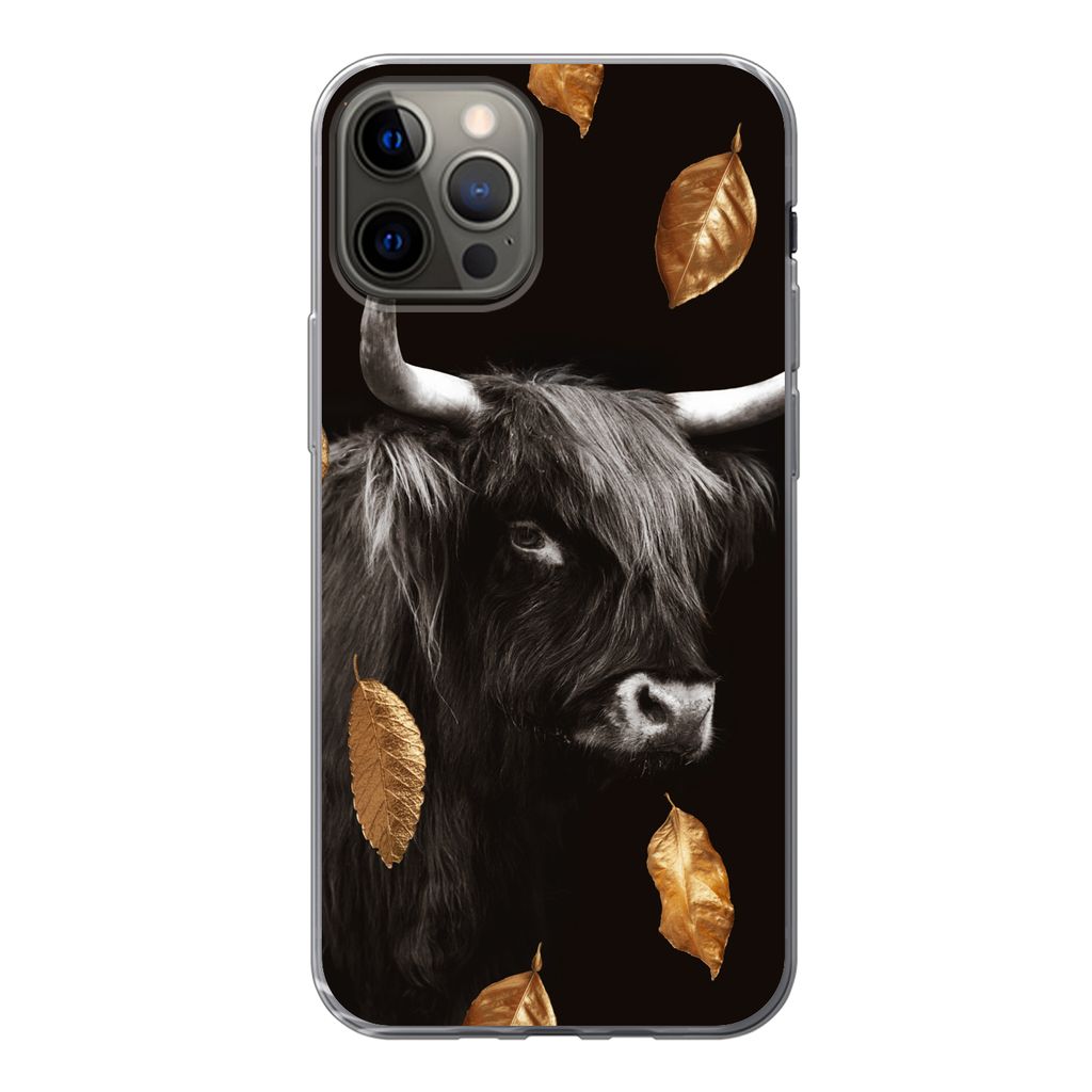 MuchoWow Handyhülle Schutzhülle Hülle für iPhone 13 Pro Schottischer Highlander - Blätter - Gold - Schwarz Silikon Softcase Handy Hülle - H...