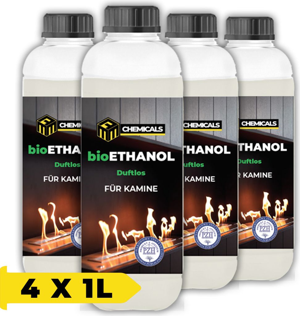 MRM CHEMICALS Bioethanol Alkohol 1L für Ethanol Kamin Tischkamin Feuerstelle, Brennstoff für Innen Außen, Geruchlos, Rauch- und Rußfrei x4