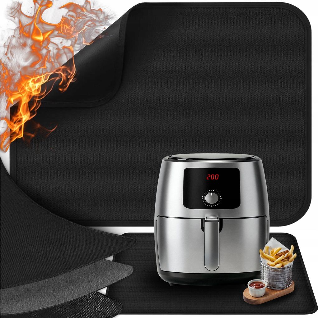 A black heat-resistant mat with flames in the corner, an air fryer, and a basket of french fries on a wooden board.