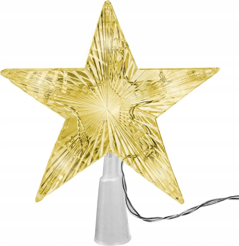 A yellow star-shaped Christmas tree topper with a white base and a black cord.