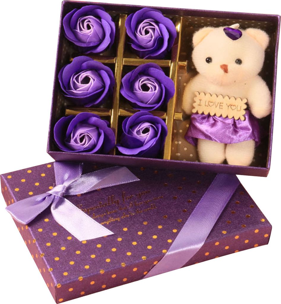 1 Box Rose Geschenkbox Auffällige romantische Seife Rose Blume Bär Puppe Valentinstag Duftblumen Party Supply Lila