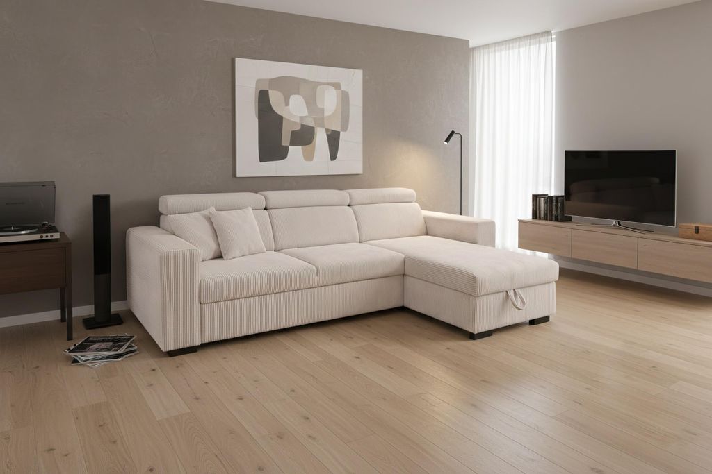 Modernes Ecksofa mit Schlaffunktion und Bettkasten Nicole Beige – Komfort, Design & Funktionalität