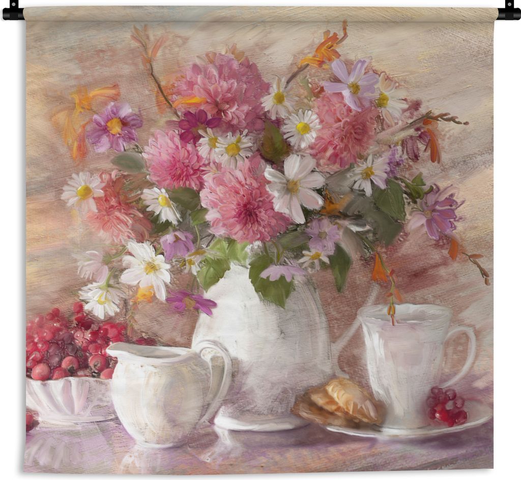 MuchoWow Wandteppich Wandbehang Gemälde - Blumen - Vase - Ölfarbe 60x60 cm Tapisserie Dekoration Wandtuch - Dekorationen - Wand Decke