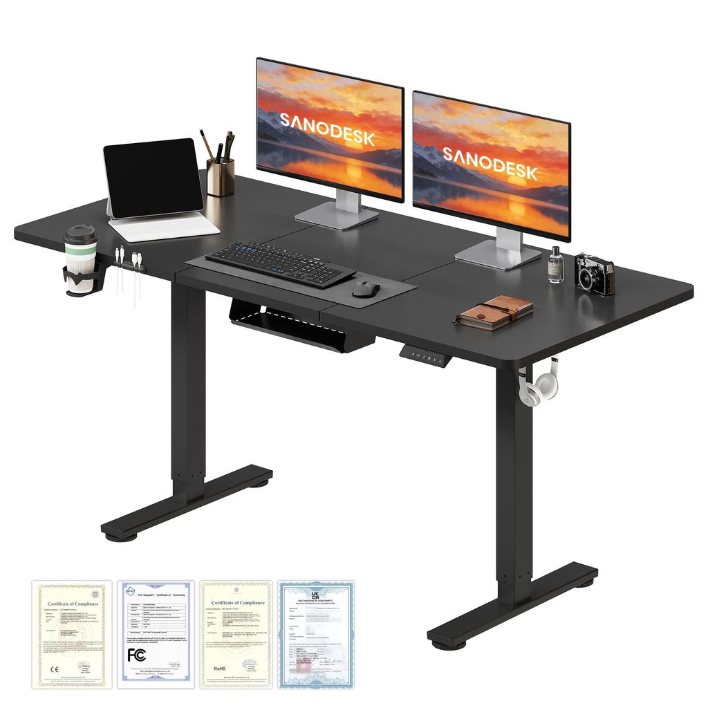 SANODESK QS1 Höhenverstellbarer Schreibtisch 140x60cm elektrisch 4 Memory-Funktion Antikollisionsschutz 70 kg Tragkraft Haken Kabelmanagement(Schw...