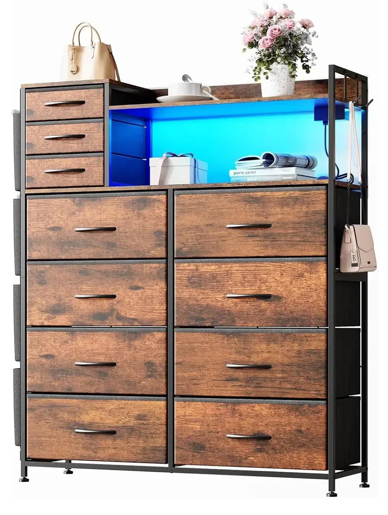 Commode LED et Prise Intégrée avec 11 Tiroirs - Structure Robuste Marron