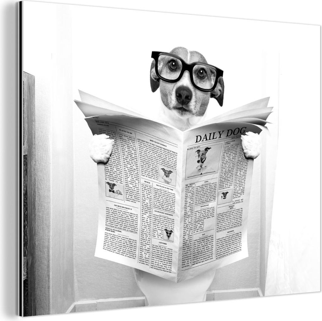 MuchoWow Wanddekoration Metall Metallbild Wandkunst 80x60 cm Hund - Zeitung - Toilette - Schwarz und weiß - Tiere MuchoWow Aluminium Gemälde - Al...