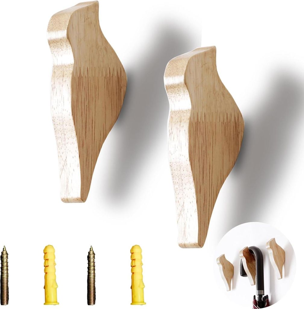 Holz Vogel Kleiderhaken - 2 Stück - Wandhaken für Kleidung - Geeignet für Büro, Wohnzimmer und Schlafzimmer - Jacken und Hüte aufhängen