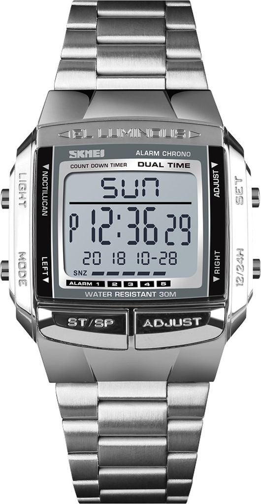 A close-up, front-facing studio shot of a silver digital watch with a metal band, displayed against a white background.