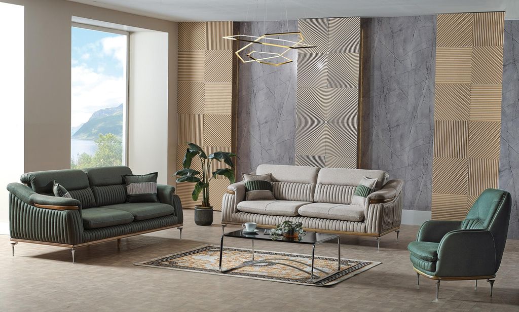 Sofagarnitur 3+3+1 Sitzer Wohnzimmer Set Komplett Textil Sofa Sessel Holz Neu