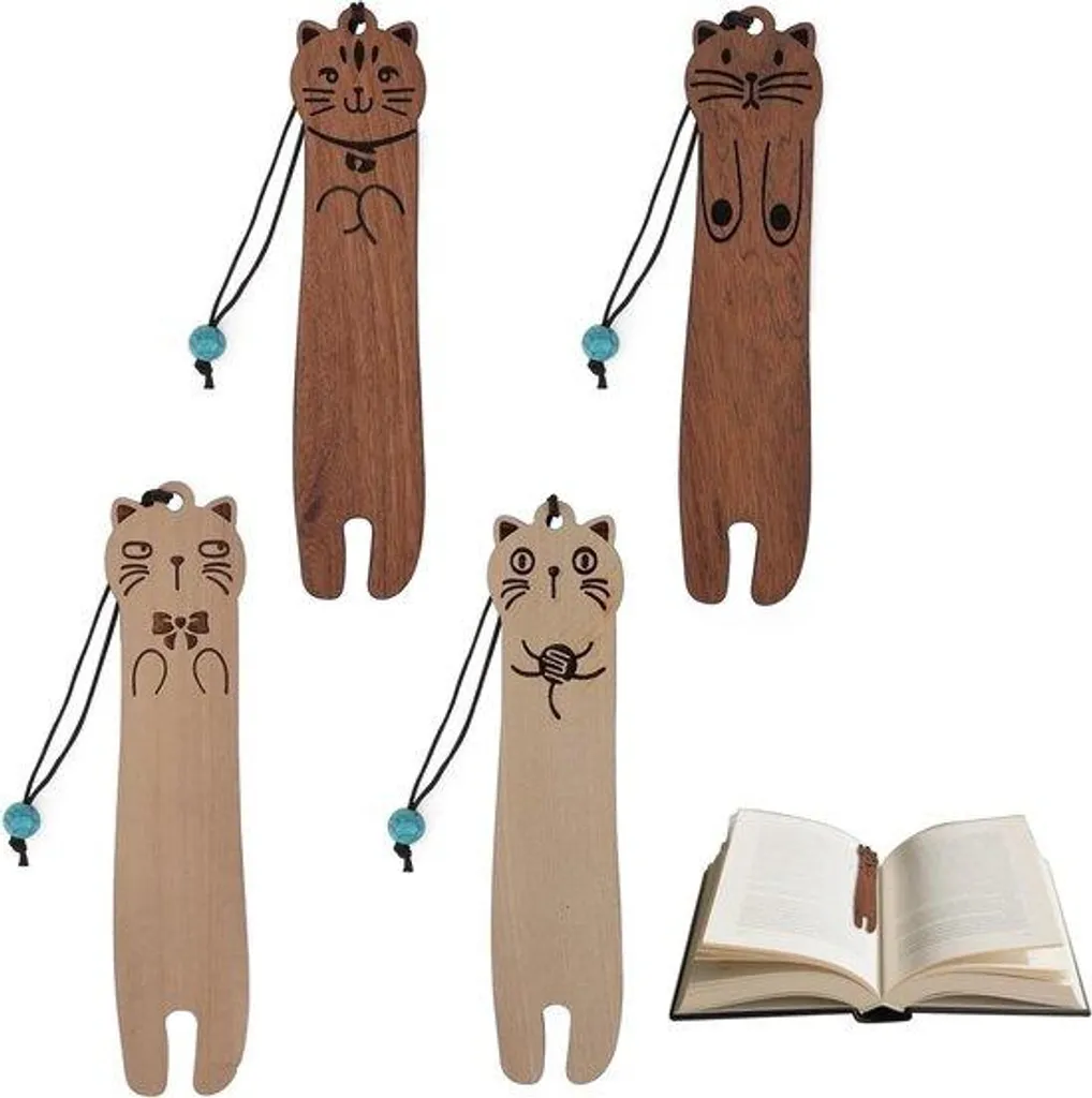 Porte-livres thématique chat en bois - Set de 4 serre-livres décoratifs