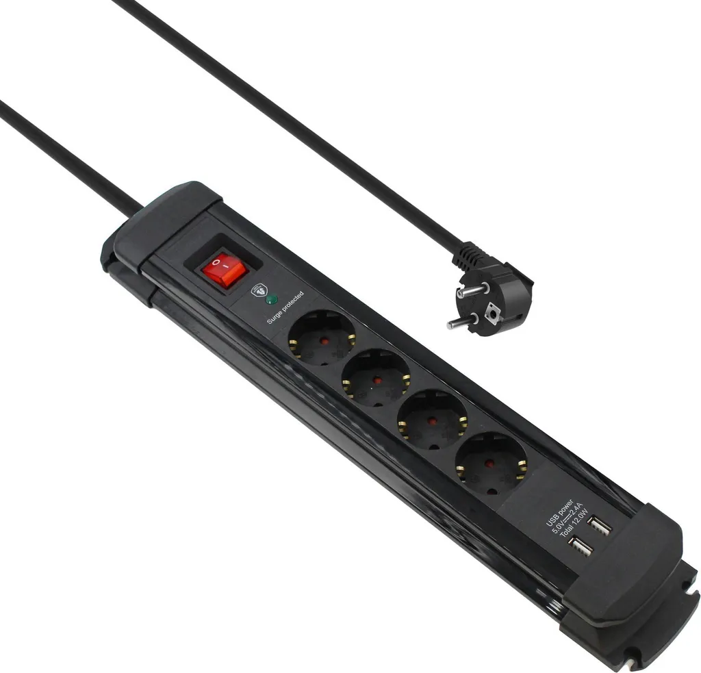 Bloc multiprise 4 prises et double port USB Allteq câble de 1,5m noir
