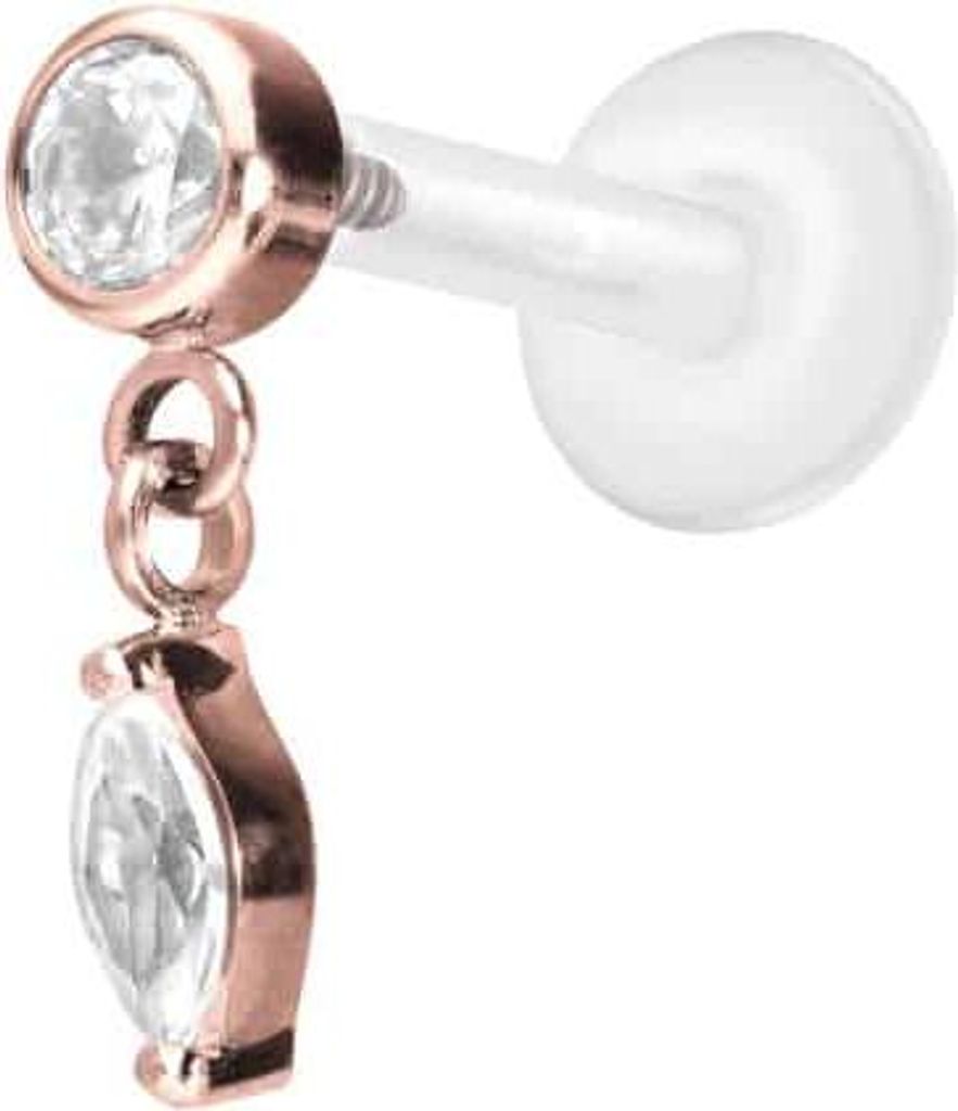 Ohrpiercing, Nasenpiercing PTFE Labret mit Innengewinde + Titan-Aufsatz KRISTALL + KRISTALLTROPFEN RoséGold Stablänge: 6mm | Stabstärke: 1,2mm