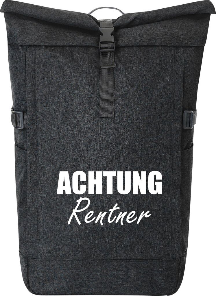 Huuraa Kurierrucksack Achtung Rentner Schriftzug 30-44 Liter Black Melange Fairtrade Rolltop Rucksack Geschenkidee