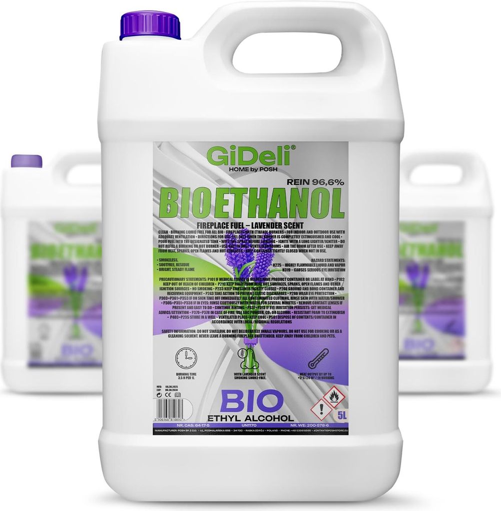 Bioethanol Lavendelduft 96,6% 15L für Kamin Universal Rauchfrei Rußfrei GiDeli