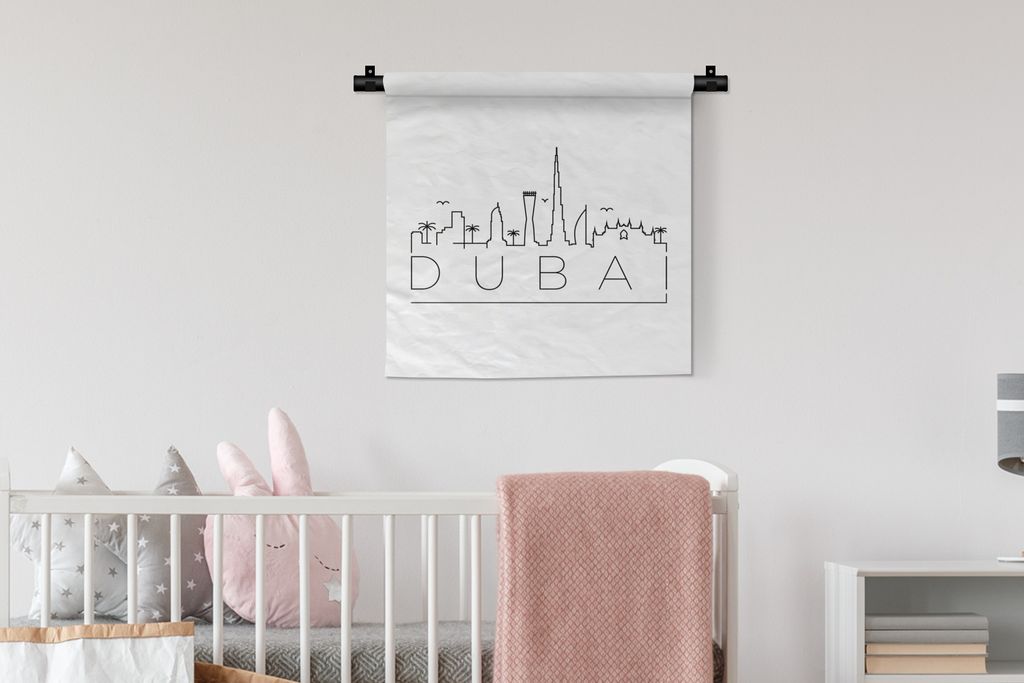 MuchoWow Wandteppich Wandbehang Skyline "Dubai" schwarz auf weiß 60x60 cm Tapisserie Dekoration Wandtuch - Dekorationen - Wand Decke