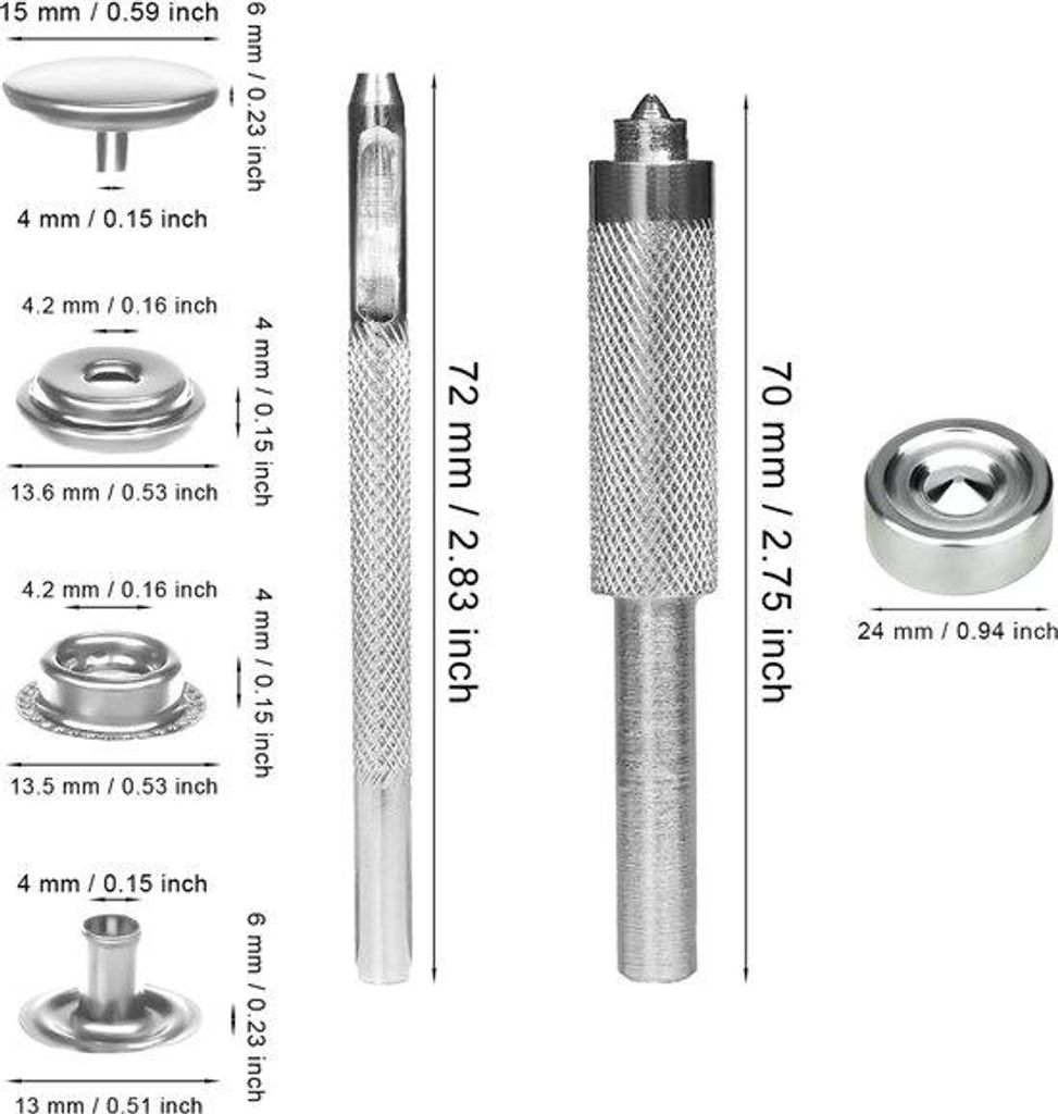 Metall Druckknöpfe Set 15mm silber für Kleidung Leder