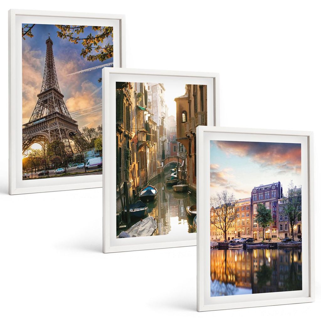 Bilder Set 3-teilig im weißen Rahmen – Wandbilder 3 Stück – gerahmte Poster für Wohnzimmer, Schlafzimmer und Flur – 40x60 cm – Eiffeltur...