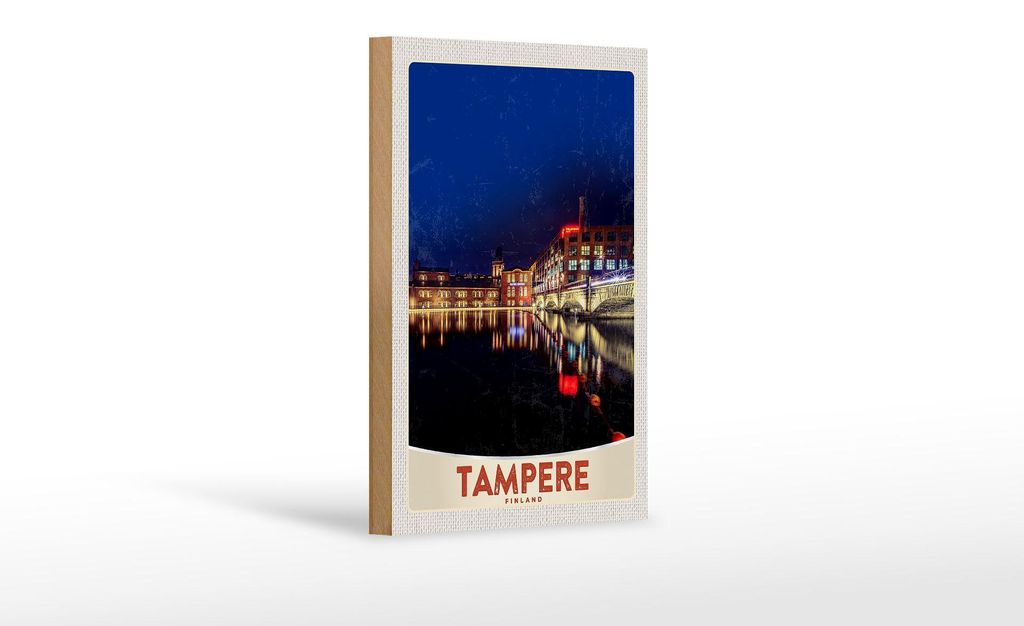 Holzschild Reise 12x18 cm Tampere Finnland Europa Stadt Abend