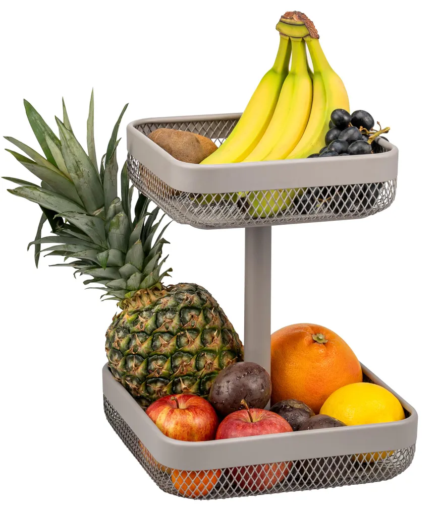 Corbeille à fruits à 2 étages et panière à pain design en métal taupe