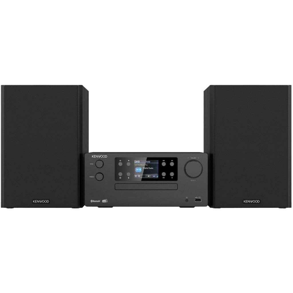 A stereo system with two speakers and a central unit, shown against a white background.