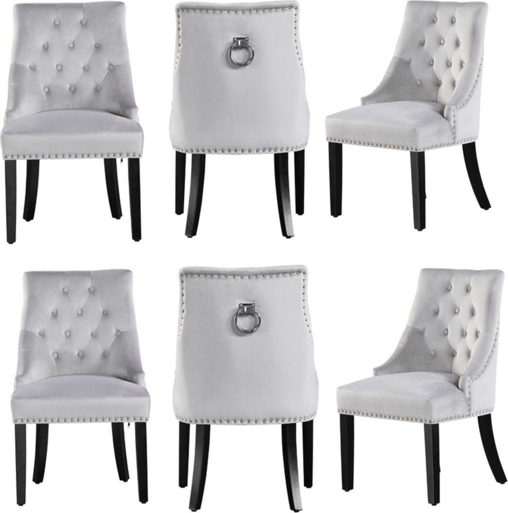 Ensemble de 6 chaises de salle à manger Windsor - Rembourrage en velours moelleux et pieds en bois massif robustes - Gris clair