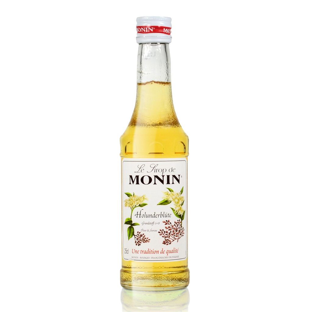 A bottle of Monin Holunder Blüte Sirup on a white background.