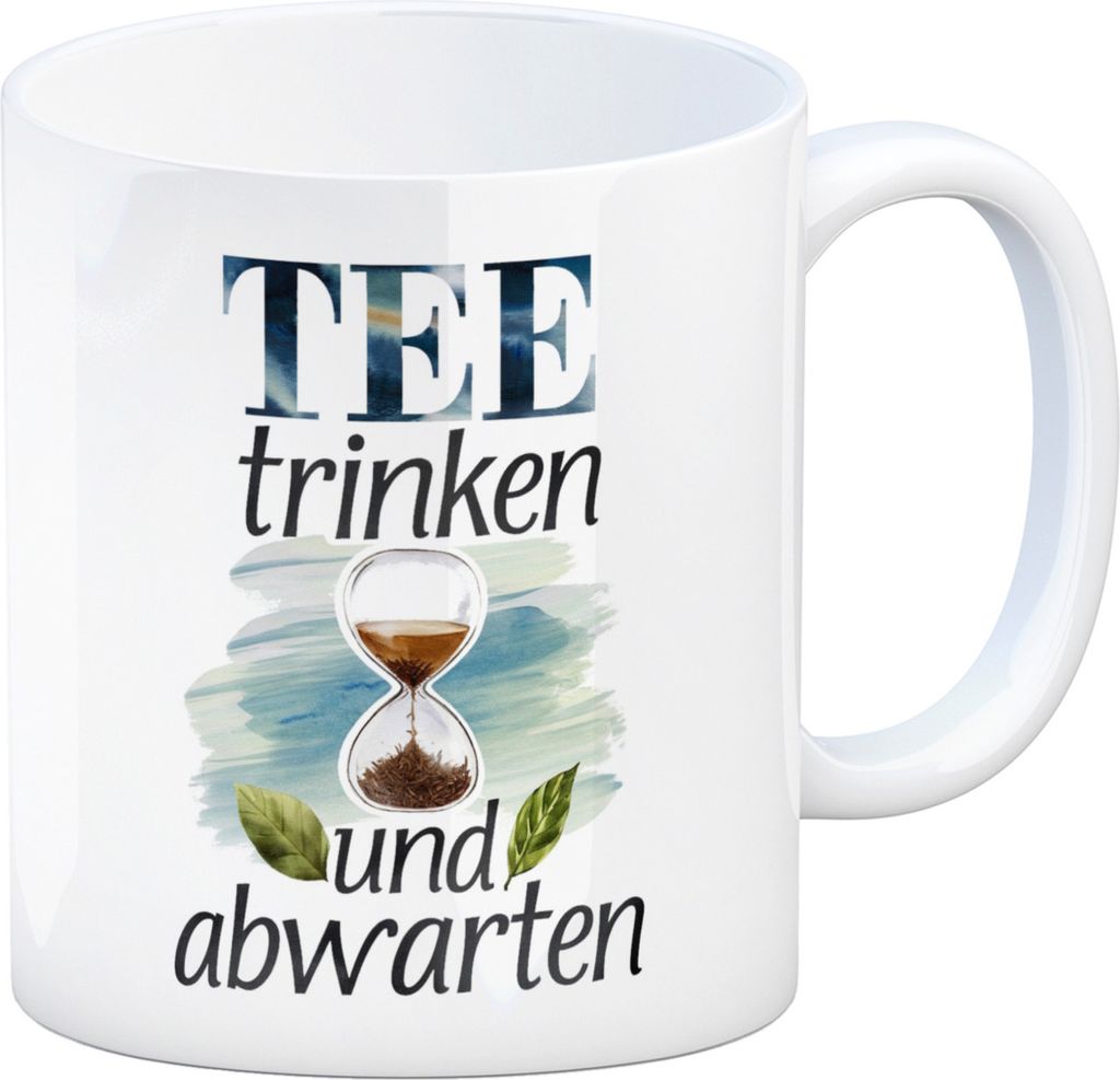 Sanduhr mit Teeblättern Kaffeebecher Tee trinken und abwarten
