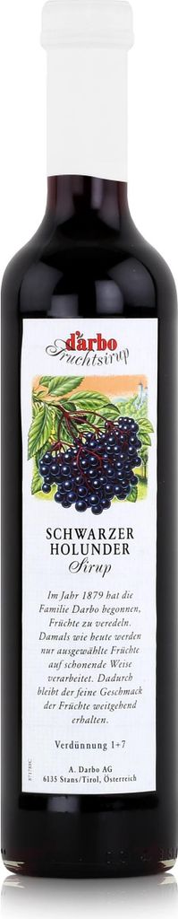 A bottle of Darbo Schwarzer Holunder Sirup on a white background.