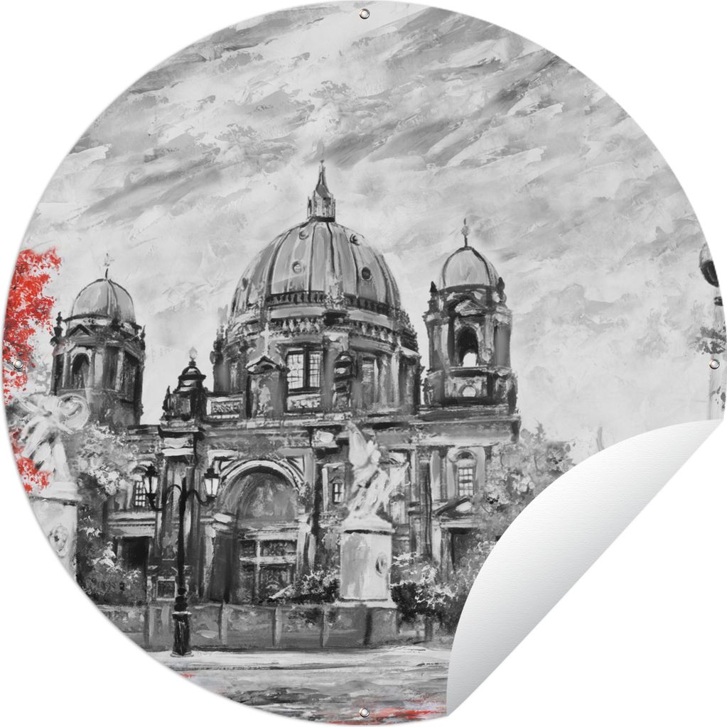 MuchoWow Gartenposter Outdoor-Poster Rund Malerei - Architektur - Baum - Rot Ø 60 cm Gartendeko Rundes Poster draußen