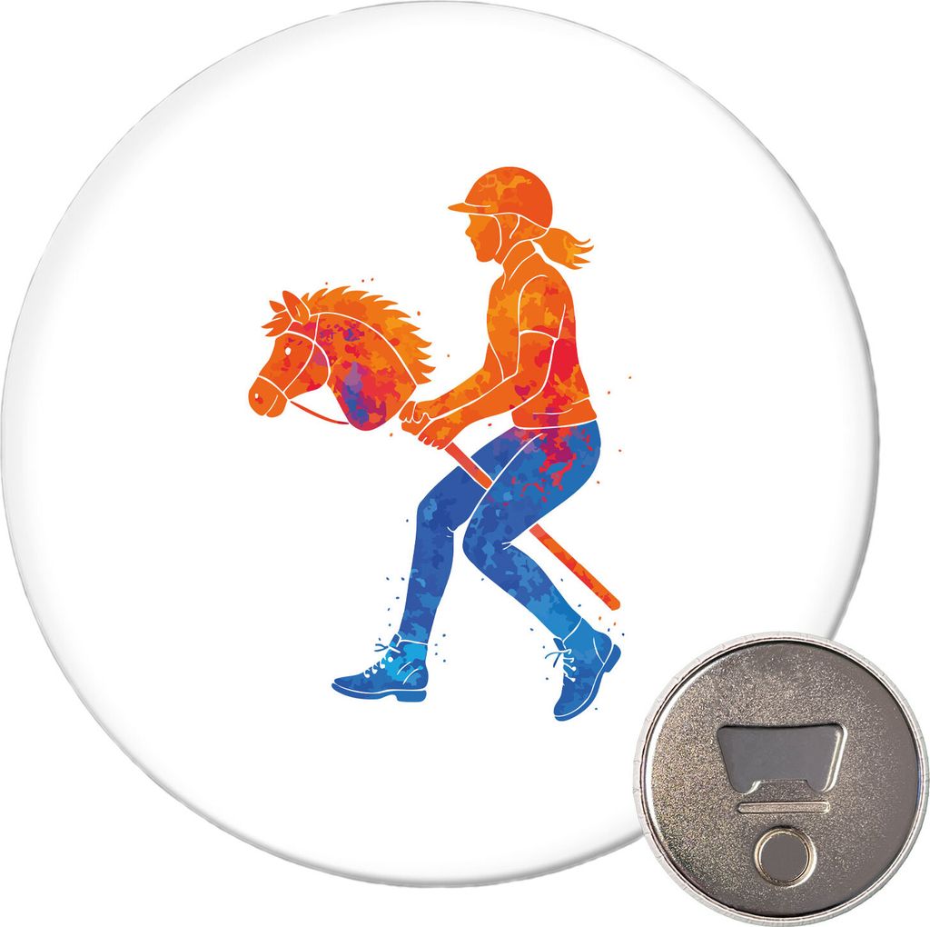 Huuraa Magnet Hobby Horsing bunte Silhouette 59mm Kühlschrankmagnet rund Flaschenöffner Geschenkidee