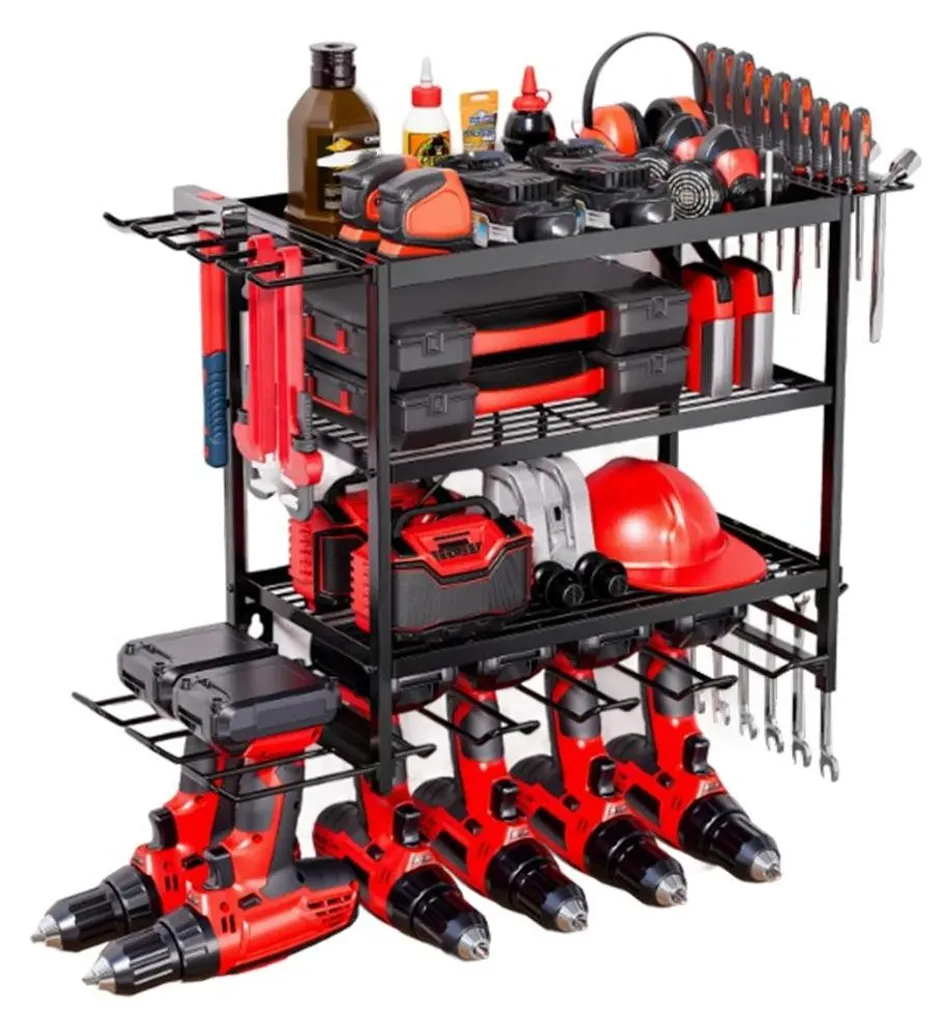 Support d'outils robuste en métal noir avec 4 niveaux de rangement