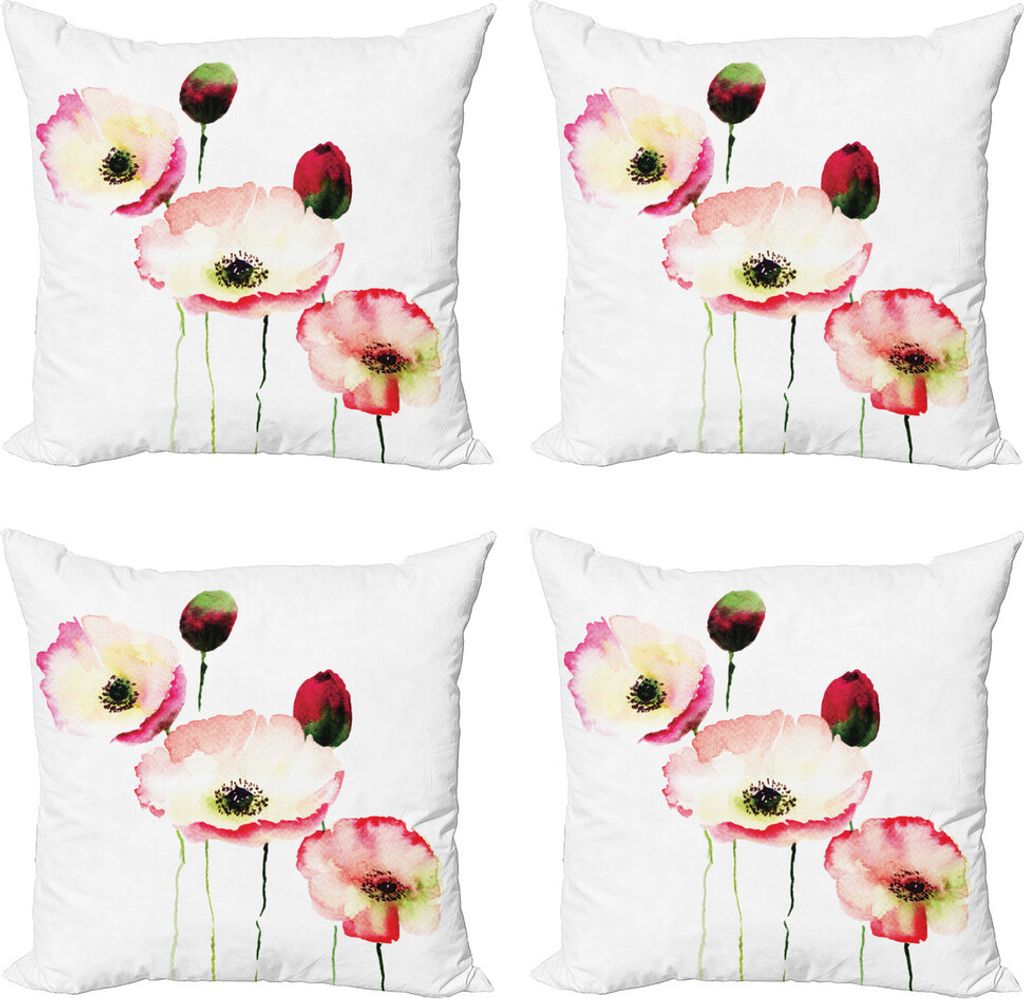 ABAKUHAUS Mohn Kissenbezug Set (4 Stück), Poppy Vintage-Blüten, Moderner Doppelseitiger Digitaldruck, 50 cm x 50 cm, Pink Rot
