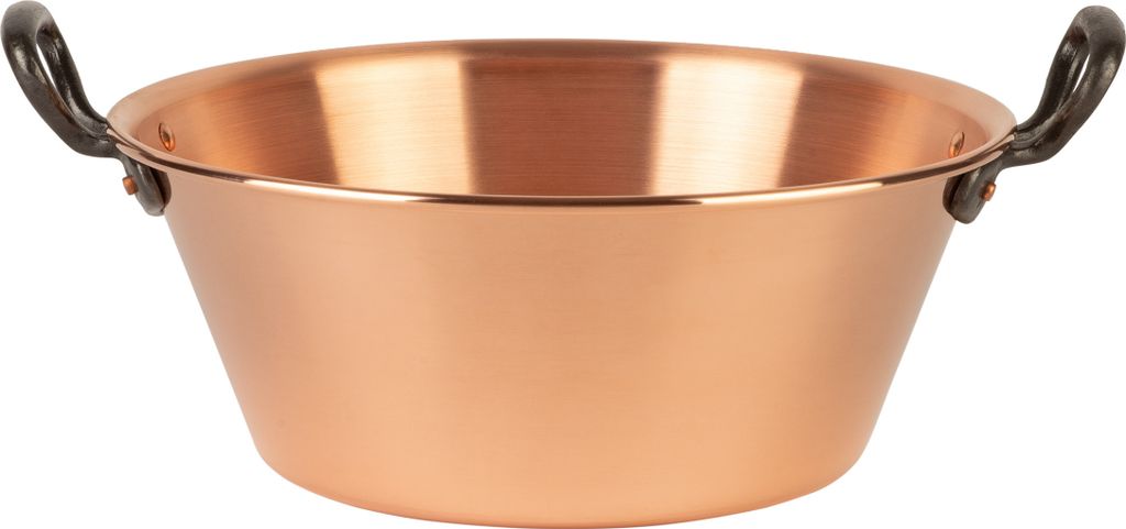 A copper pot with black handles against a white background.
