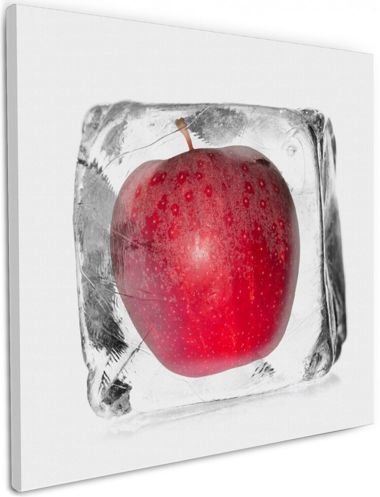 Wallario Premium Leinwandbild Roter Apfel in Eiswürfel - Eiskaltes Obst in Größe 50 x 50 cm