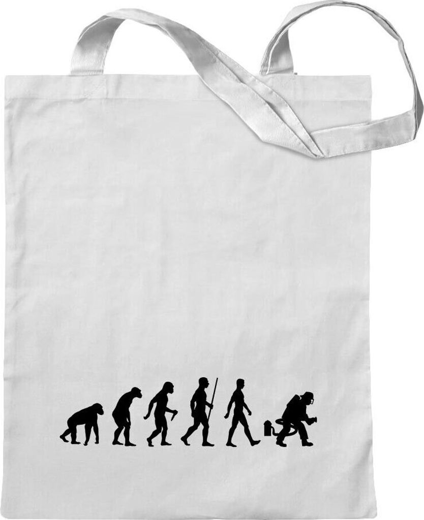 Kiwistar - Baumwolltasche - weiss - Evolution Feuerwehrmann - Tragetasche Stoffbeutel Umhängetasche langer Henkel