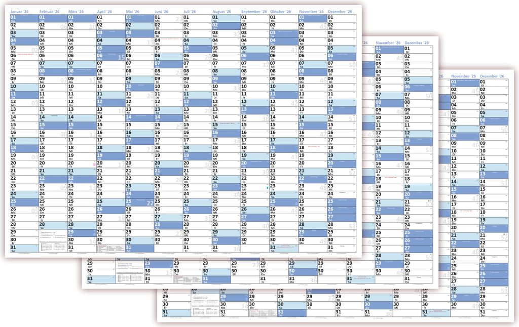 3 Stück XL Wandkalender DIN A1 2026 blau, nass abwischbar Kalender Format 59,4 x 84,1cm Jahresplaner Wandplaner gerollt