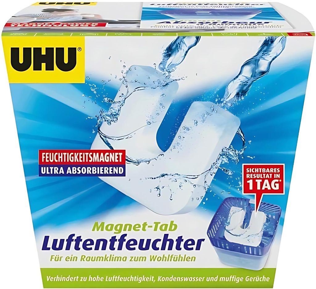 UHU Luftentfeuchter, Bekämpft Feuchtigkeit und Schimmel in Wohnräumen, jetzt noch effektiver dank innovativem Feuchtigkeitsmagnet, 450 g
