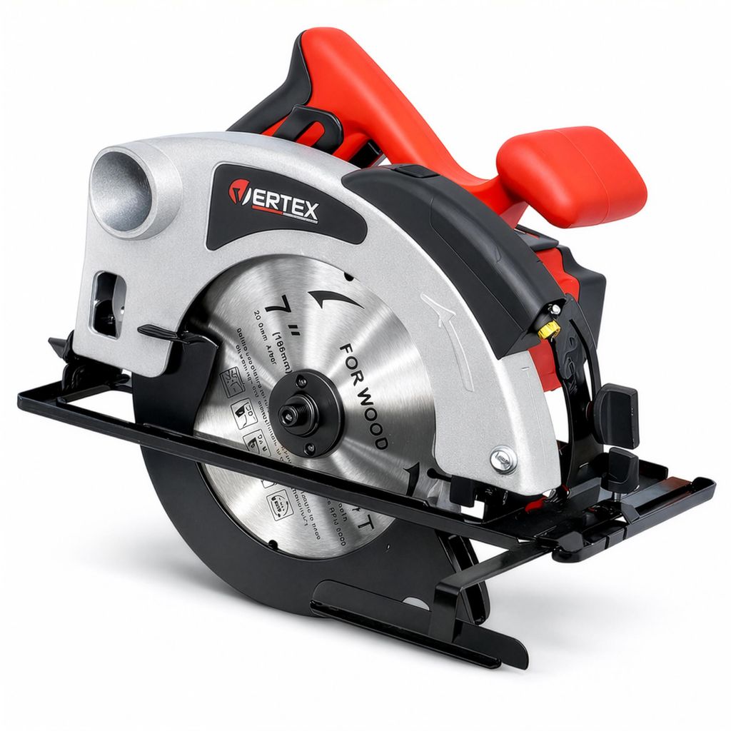 A studio shot of a circular saw on a white background.