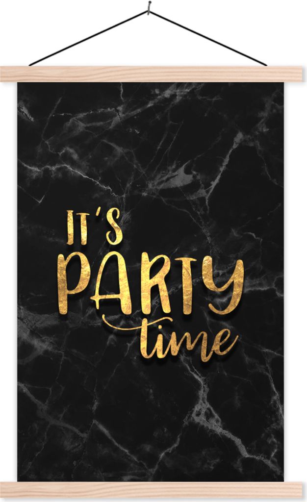 MuchoWow Textilposter Zitat - Party - Gold - Marmor 120x180 cm mit holzfarbenen Rahmen - Textil-Plakat