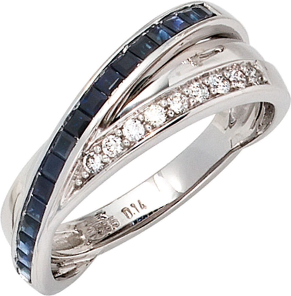 Ring mit 16 Saphiren blau & 9 Diamanten Brillanten 585 Weißgold Goldring Damen Innenumfang 60mm Ø19.1mm