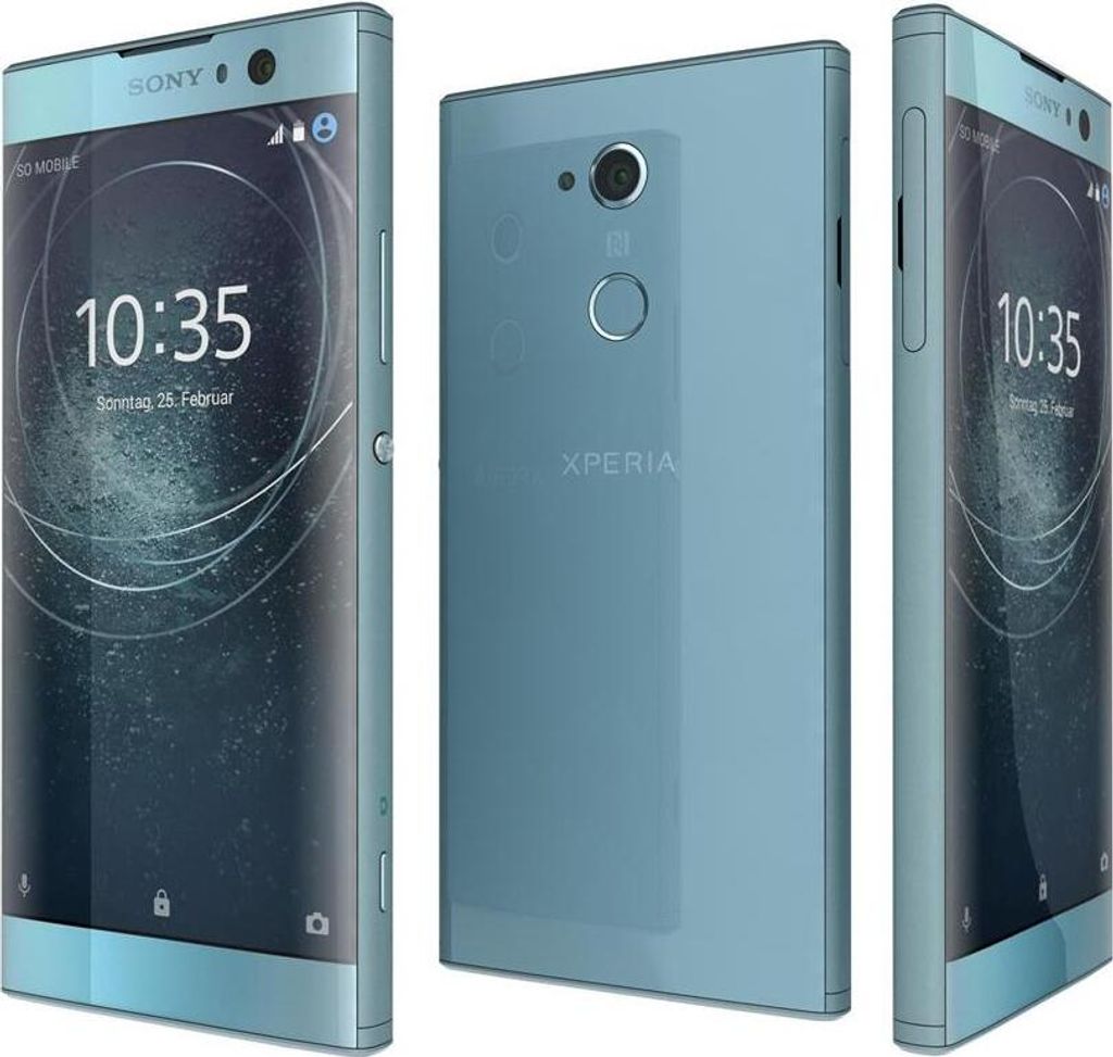 Three views of a blue Sony Xperia XA2 smartphone are displayed against a light gray background.