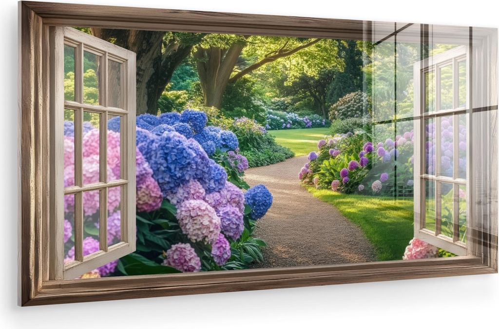 MuchoWow Glasbilder - Bilder auf Wandbild - Foto auf Glas Aussicht - Garten - Fenster - Hortensie - Blumen 40x20 cm Wanddekoration aus Glas - Acryl...