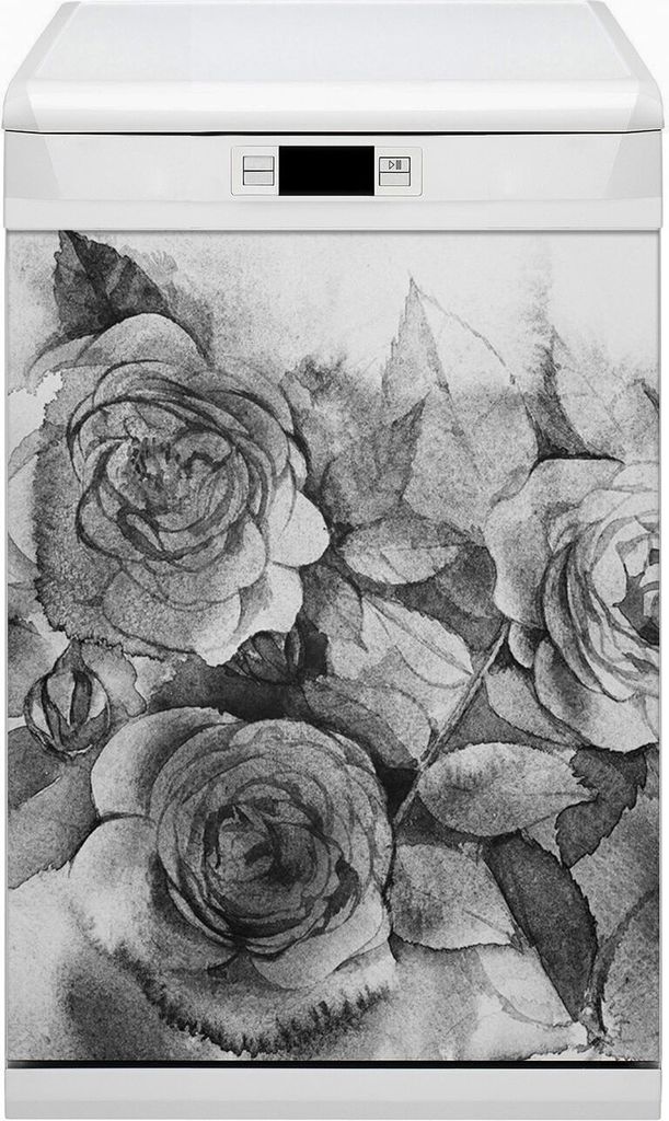 Dekorative Magnetmatte Küche Geschirrspüle 45x80 cm Magnet für Spülmaschine - Schwarz -Weiß -Rosen