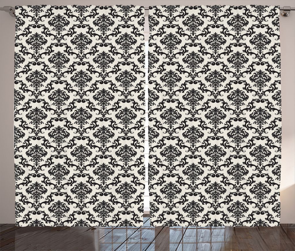 ABAKUHAUS Damast Rustikaler Vorhang, Klassisch Victorian Print, Wohnzimmer Universalband Gardinen mit Schlaufen und Haken, 280 x 245 cm, Schwarz Beige