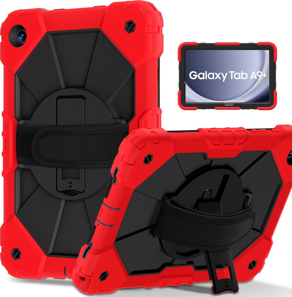Hülle für Samsung Galaxy Tab A9 Plus /Tab A9+ 11" 2023 Tablette Schutzhülle Stoßfeste mit 360 Drehbarer Handschlaufe/Ständer Rot Schwarz