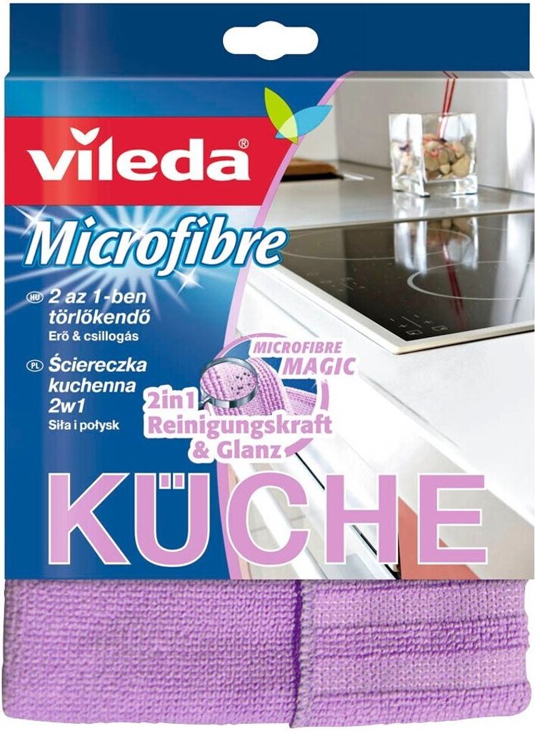 The image shows the packaging of a Vileda Microfibre cleaning cloth for kitchens.