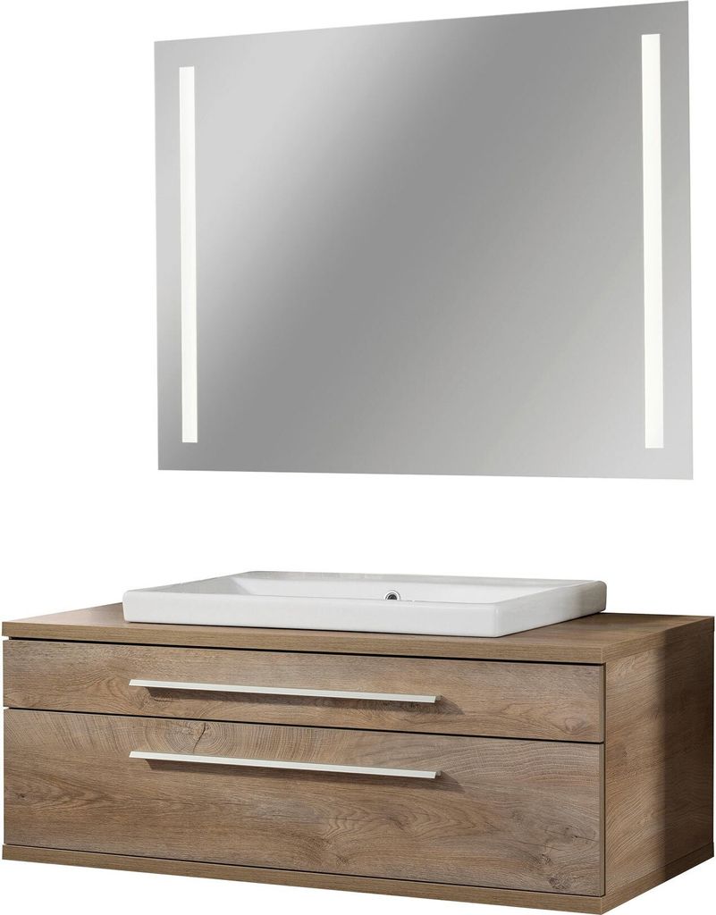 Fackelmann STANFORD Badmöbel Set 3-teilig,110 cm breit, Braun, Keramik + LED-Spiegel