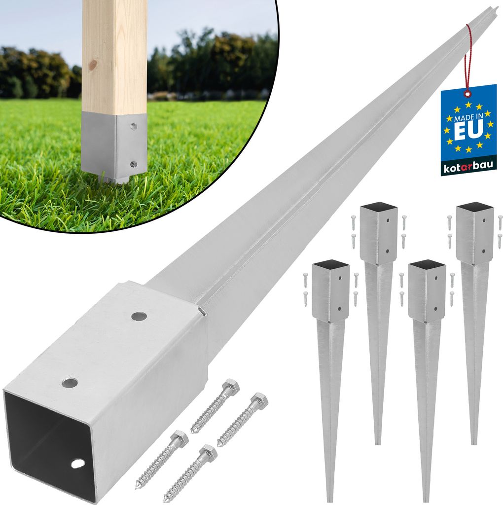 A product image showing metal ground post anchors and a wooden post in grass.