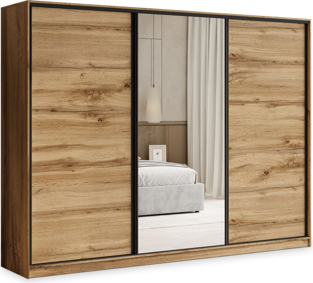 Masseno Schiebetürenschrank TARI 270/205/58 cm Kleiderschrank mit 4 Schubladen Schlafzimmer Schrank 3-türig mit Spiegel Eiche Wotan